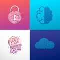 Fingerprint scan logo, privacy, cyber security ,identity information and network protection. Person head, brain, cloud