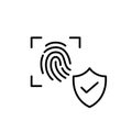 Fingerprint scan and shield with checkmark. Secure biometric entry and identity verification. Pixel perfect