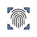 Fingerprint, scanned finger, cryptographic signature, identity color line icon.
