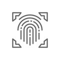 Fingerprint, scanned finger, cryptographic signature, identity line icon.