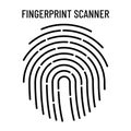 Fingerprint scanner vector outline icon. Single thumbprint hand sign with dashed line. Biometric identity scan