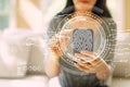 Fingerprint scanning theme with woman using a smartphone Royalty Free Stock Photo