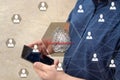 Fingerprint scanning on the touch screen with a blur background of the businessman with the phone.The concept of Secure access thr Royalty Free Stock Photo