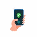 Fingerprint security on smartphone. Green Shield on smartphone screen. icon concept of Web Access Security, vector