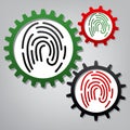 Fingerprint sign illustration. Vector. Three connected gears wit