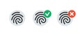 Fingerprint simple icon, accepted and rejected state authentication symbols