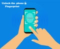 Fingerprint on the smartphone. Unlock the phone. Hand and phone concept