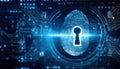 Fingerprinted pad with key inside unlocking digital smart contract surrounded by security encryption Royalty Free Stock Photo