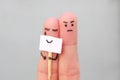 Fingers art of couple. Concept of woman hiding emotions, man is happy