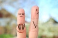 Fingers art of couple. Concept woman made an offer to get married, man refused