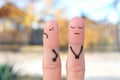 Fingers art of displeased couple. Woman was offended, man was guilty