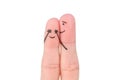 Fingers art of Happy couple. Boy closed her eyes to girl. Concept of girl guessed