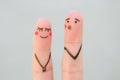 Fingers art of happy couple. Concept of man blows kiss, woman is embarrassed