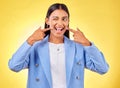 Fingers on cheek, smile and a happy woman in studio for positive attitude, dimples and emoji. Indian model person or