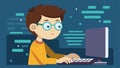 Fingers flying across the keyboard a boy in glasses stares intently at the code on the screen in front of him.. Vector Royalty Free Stock Photo