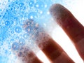 Fingers hold blue soap bubbles Royalty Free Stock Photo