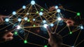 Fingers Interacting with a Glowing Network of Blue and Green Nodes Connected by Orange Lines on a Black Background Royalty Free Stock Photo