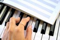 Fingers play black and white piano keys a notebook for sheet music lies learning music sheet music playing on the synthesizer