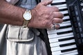 Fingers Playing Accordion Keys. Senior musician playing accoustic harmonica