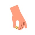 Fingers squeezing gold coin. Hand holding change, donating. Finance help, donation, charity and contribution concept