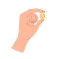 Fingers squeezing gold coin. Hand holding money, penny. Financial bonus, cashback, benefit and support concept