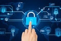 Fingers are touching padlock symbol, with protection of identity theft and privacy, Online database and cyber security