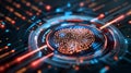 Fingertip touching a glowing fingerprint on a circuit board illustrating biometric data and digital security systems