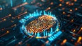 Fingertip touching a glowing fingerprint on a circuit board illustrating biometric data and digital security systems