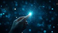Fingertip Touching Glowing Network of Interconnected Points on Blue Background, Vector Art
