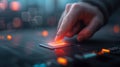A fingertip touching a glowing sensor on a futuristic digital interface, emphasizing secure authentication