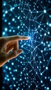 Fingertip Touching Illuminated Network of Interconnected White Points on Blue Background, Vector Art