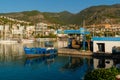 Finike, Antalya, Turkey - July 20 2022: Fuel dispenser at boat filling station on waterfront, port Blanes. Oil industry for water