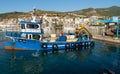 Finike, Antalya, Turkey - July 20 2022:  Fuel dispenser at boat filling station on waterfront, port Blanes. Oil industry for water Royalty Free Stock Photo