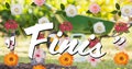 Finis text over multiple colorful flowers icons floating against garden in background