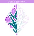Finish the color flower picture. Educational game for children. Violet crocus flowers. Drawing practice. Spring game