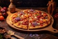 finished artisan pizza on wooden board