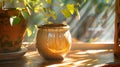A finished ceramic drum sitting on a shelf with sunlight glinting off of its glossy glaze and reflecting the surrounding