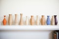 finished clay vases lined up on a shelf