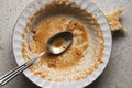 Finished meal on a dirty plate with a spoon Royalty Free Stock Photo