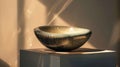 A finished piece of pottery with a porcelain veneer expertly applied displayed on a pedestal with light bouncing off its