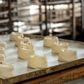 Finished production cookie in factory in the steel table. Production of biscuits, closeup. Working process. Private bakery.