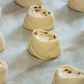 Finished production cookie in factory in the steel table. Production of biscuits, closeup. Working process. Private bakery. Royalty Free Stock Photo