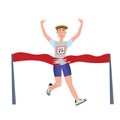 Finishing runner man. Athlete, marathon winner. Vector illustration, isolated on white.