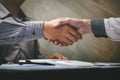 Finishing up a conversation after collaboration, handshake of two business people after contract agreement to become a partner, Royalty Free Stock Photo