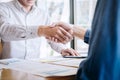 Finishing up a conversation after collaboration, handshake of two business people after contract agreement to become a partner, Royalty Free Stock Photo