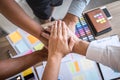 Finishing up a meeting, handshake of happy business team joining hands after contract agreement to become a partner, collaborative