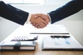 Finishing up a meeting, handshake of two happy business people after contract agreement to become a partner, collaborative Royalty Free Stock Photo