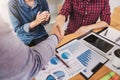 Finishing up a meeting, handshake of two happy business people after contract agreement to become a partner, collaborative Royalty Free Stock Photo