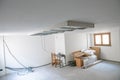 Finishing works in a new house. Suspended Ceilings. Drywall ceiling preparation for led lighting.Suspended Ceilings. Drywall Royalty Free Stock Photo