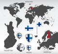 Finland administrative divisions map and Finland flags icon set